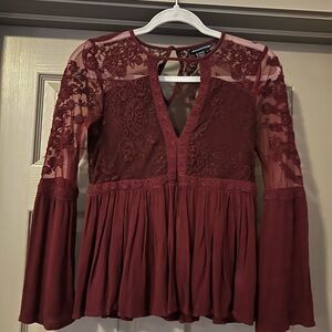 Maroon Peplum and Lace Blouse